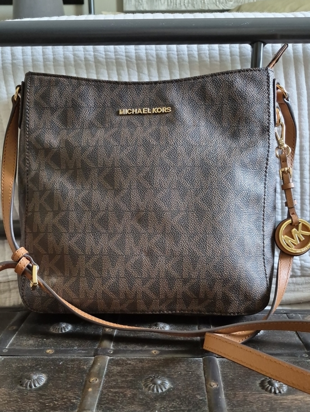 Michael Kors Brown Logo Crossbody with Tan Strap and Gold Hardware Like New